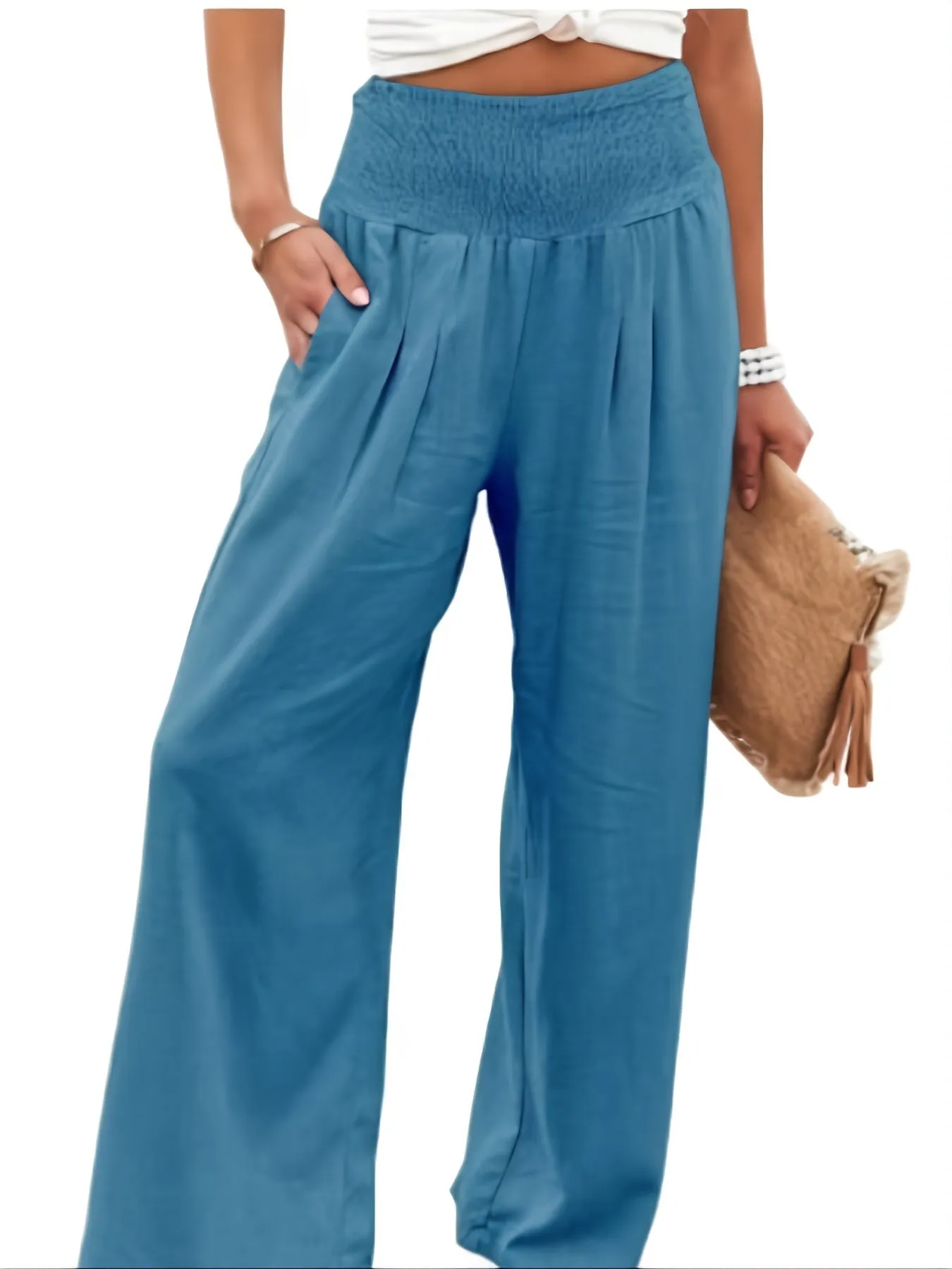 Women's Solid Wide Leg Elastic High Waist Vacation Casual Every Day Pants