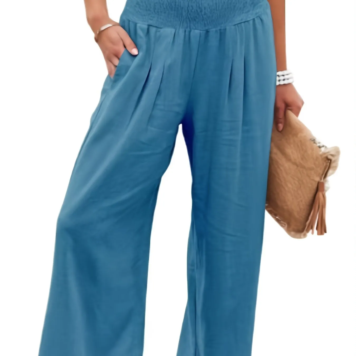 Women's Solid Wide Leg Elastic High Waist Vacation Casual Every Day Pants