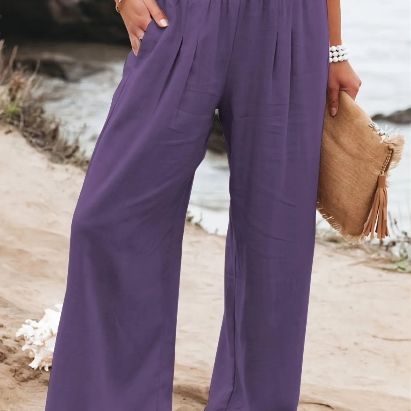 Women's Solid Wide Leg Elastic High Waist Vacation Casual Every Day Pants